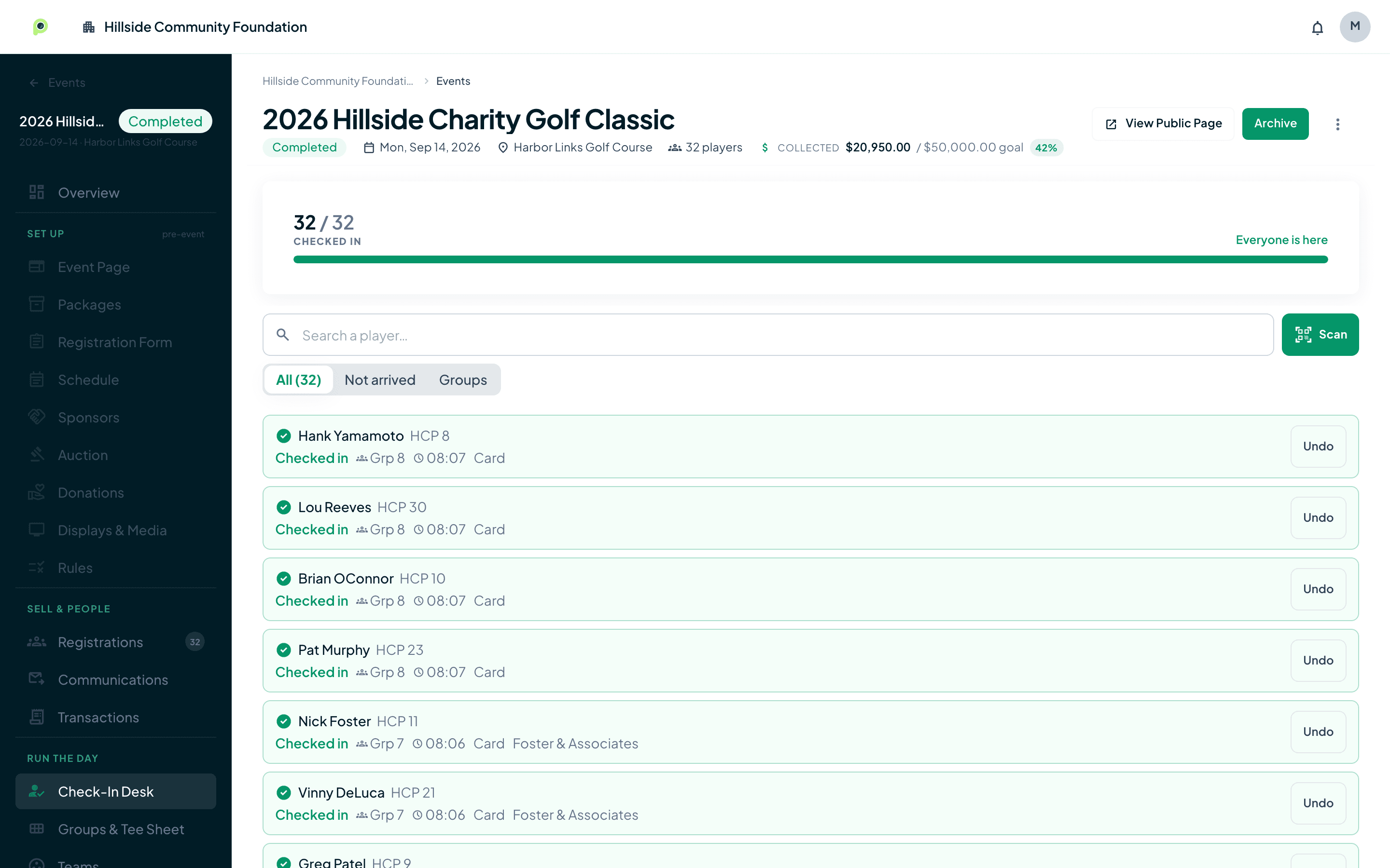 Golf tournament check-in screen in Parful with all 32 players checked in