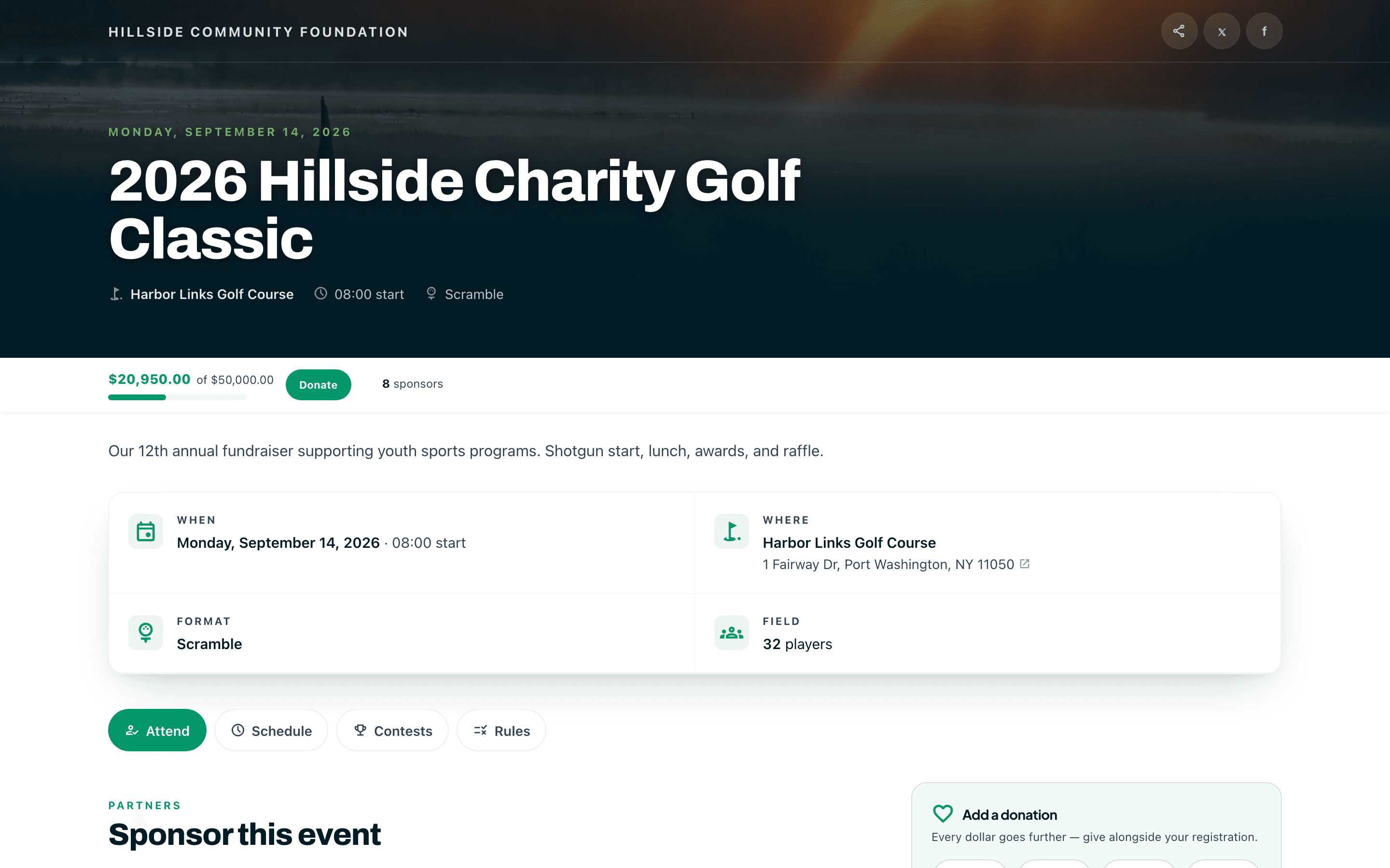 Public golf tournament page in Parful with registration packages and a raised bar