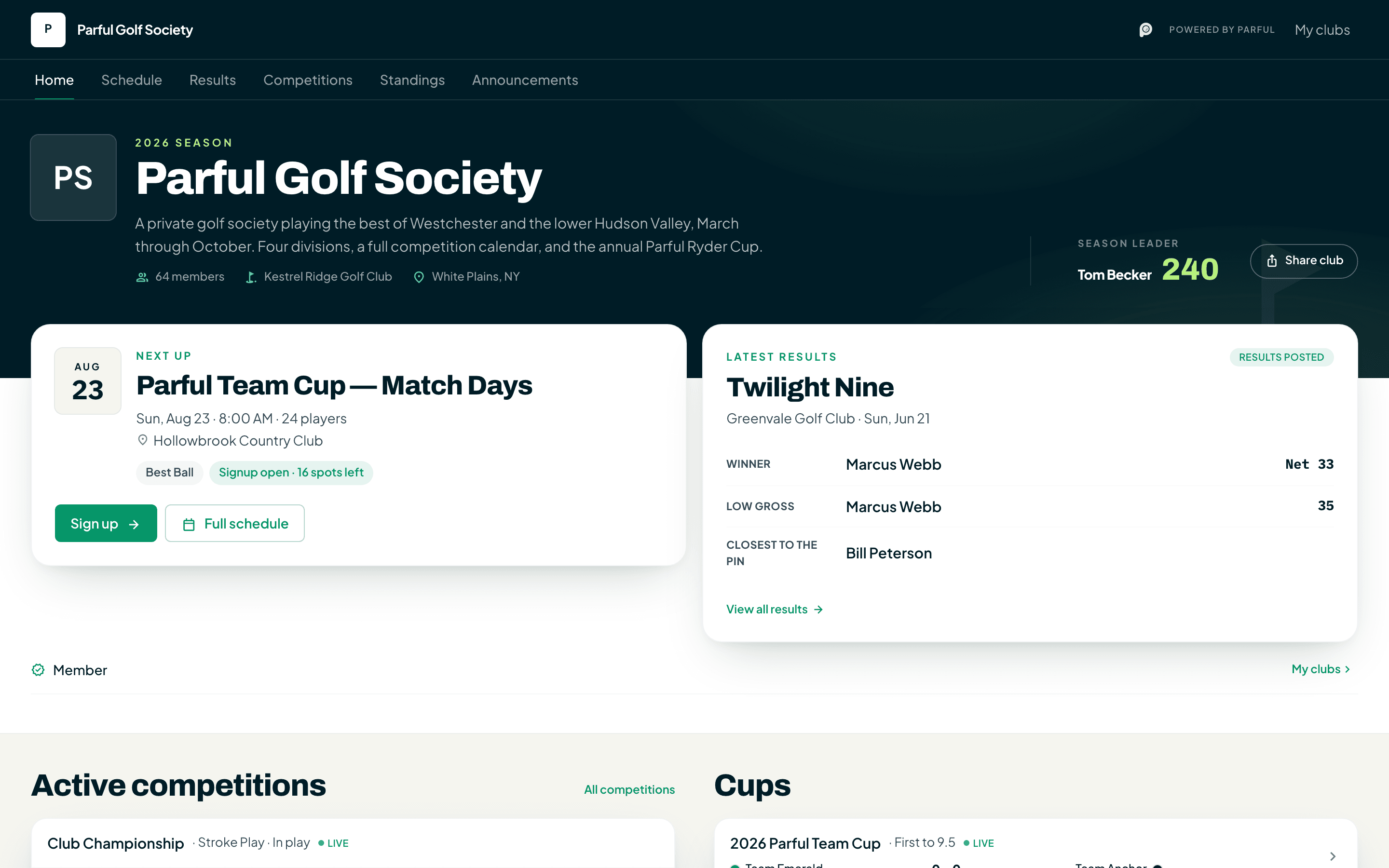 Public golf club page in Parful with the next outing, latest results and standings
